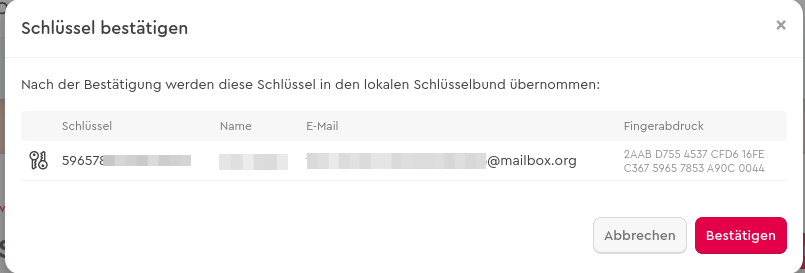 Abbildung 8: Schlüssel in der Mailvelope Oberfläche hochladen.