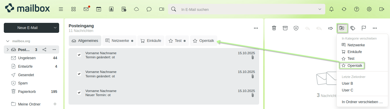 Abbildung 1: Verschieben Sie E-Mails per Drag-and-Drop in eine passende Posteingangskategorie.