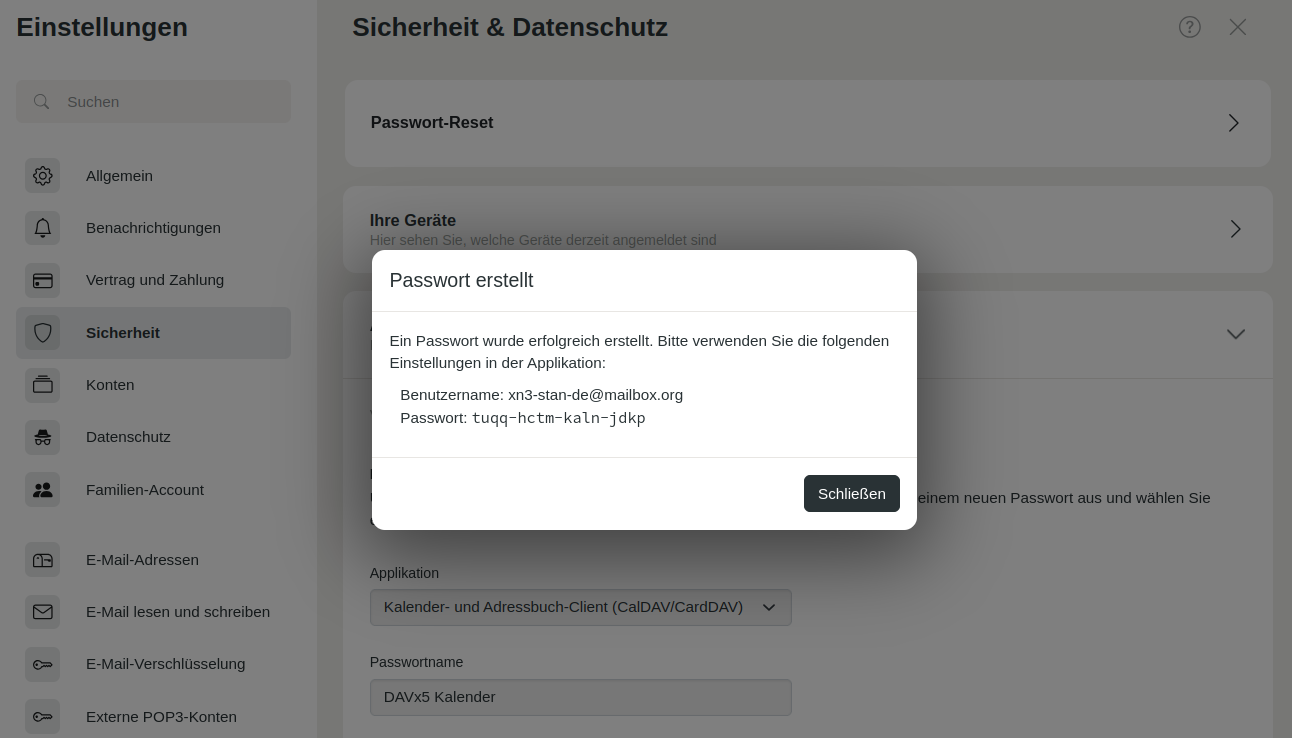 Abbildung 2: Kopieren Sie das generierte Applikationspasswort und geben Sie es anstelle Ihres Hauptpassworts in die entsprechende Applikation ein.