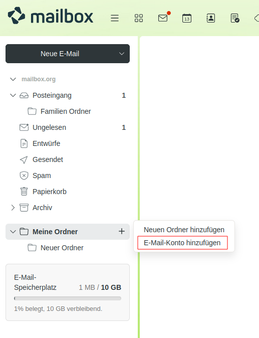Abbildung: Hinzufügen eines externen E-Mail-Accounts über das E-Mail-Postfach.
