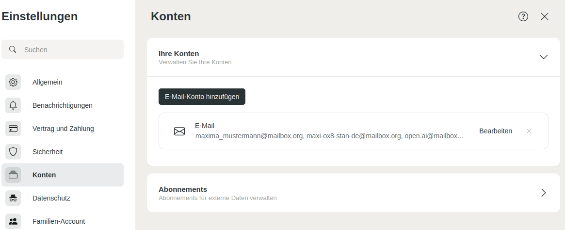 Abbildung: Hinzufügen eines externen E-Mail-Accounts über die mailbox Einstellungen.