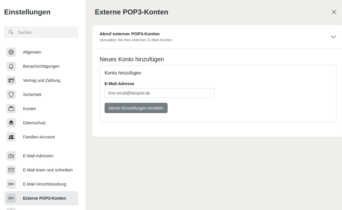 Abbildung: Hinzufügen des externen E-Mail-Kontos mit POP3.
