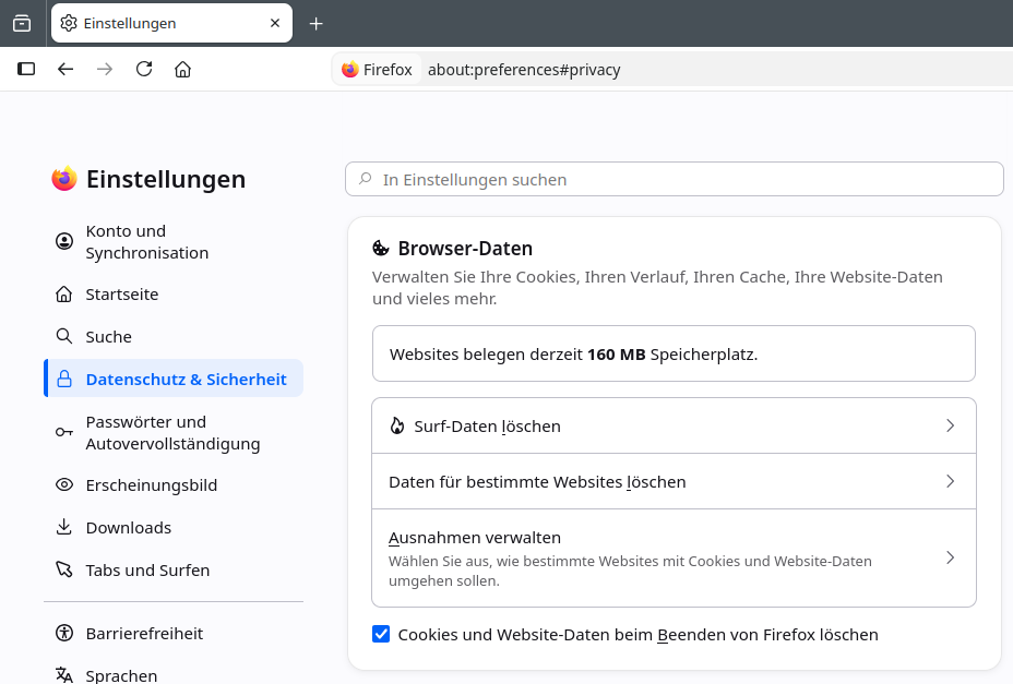 Browserdaten löschen in den Einstellungen von Firefox