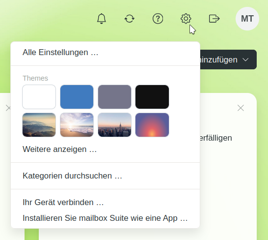 Einstellungen in mailbox Office Die Einstellungen für mailbox Office finden Sie oben rechts unter dem Zahnrad-Symbol.