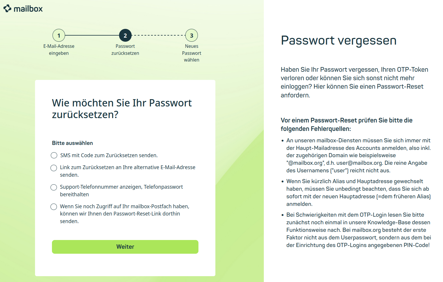 Verfügbare Verfahren zum Passwort-Reset