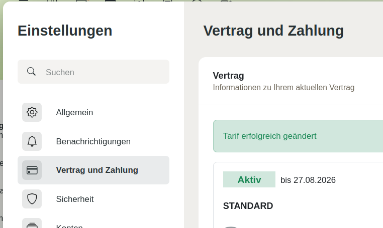 Anzeige des erfolgreichen Tarifwechsels in den mailbox Einstellungen