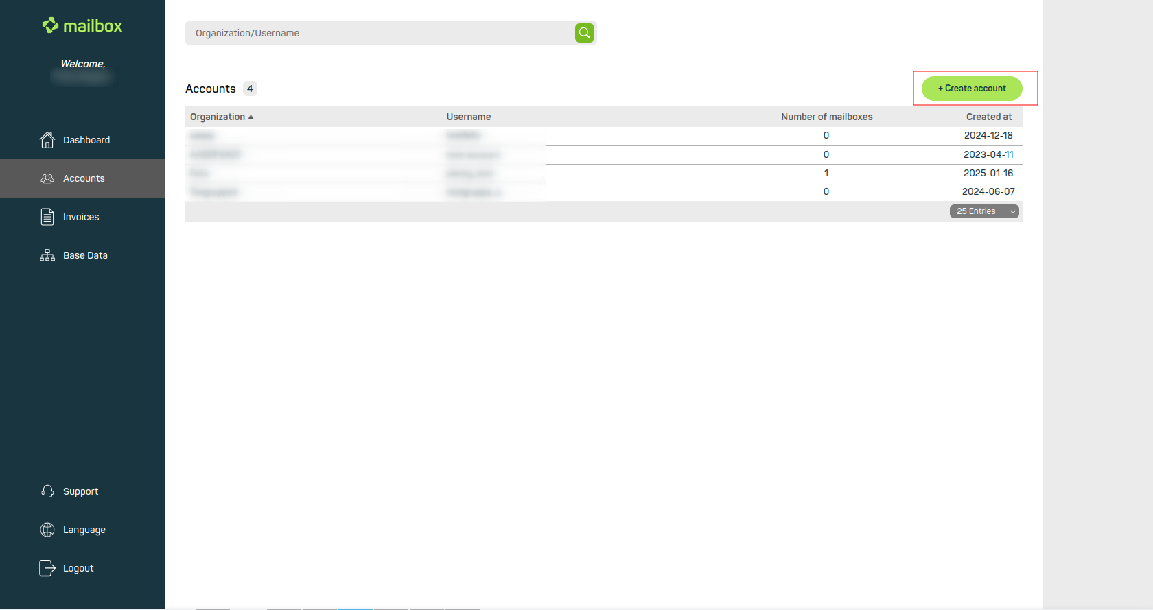 Figure 1: Create account button in the top right corner of the dashboard – this allows you to create new customer accounts.