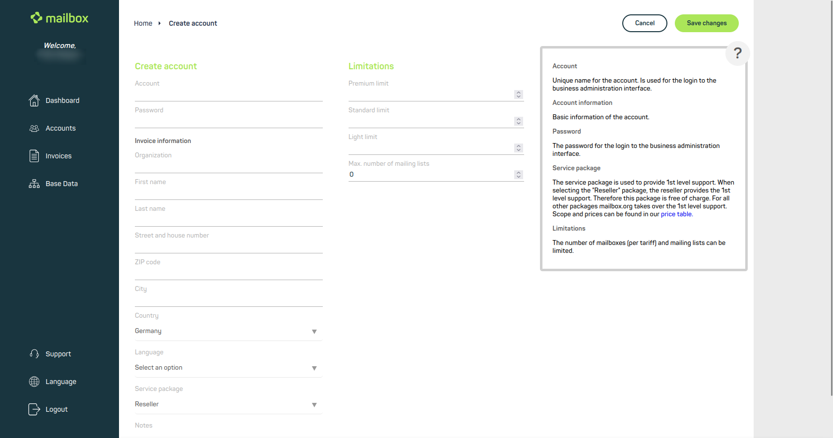 Figure 2: Here you can enter all relevant data for the account.