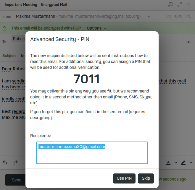 Figure 3: Note down the PIN and pass it on confidentially to your recipient.