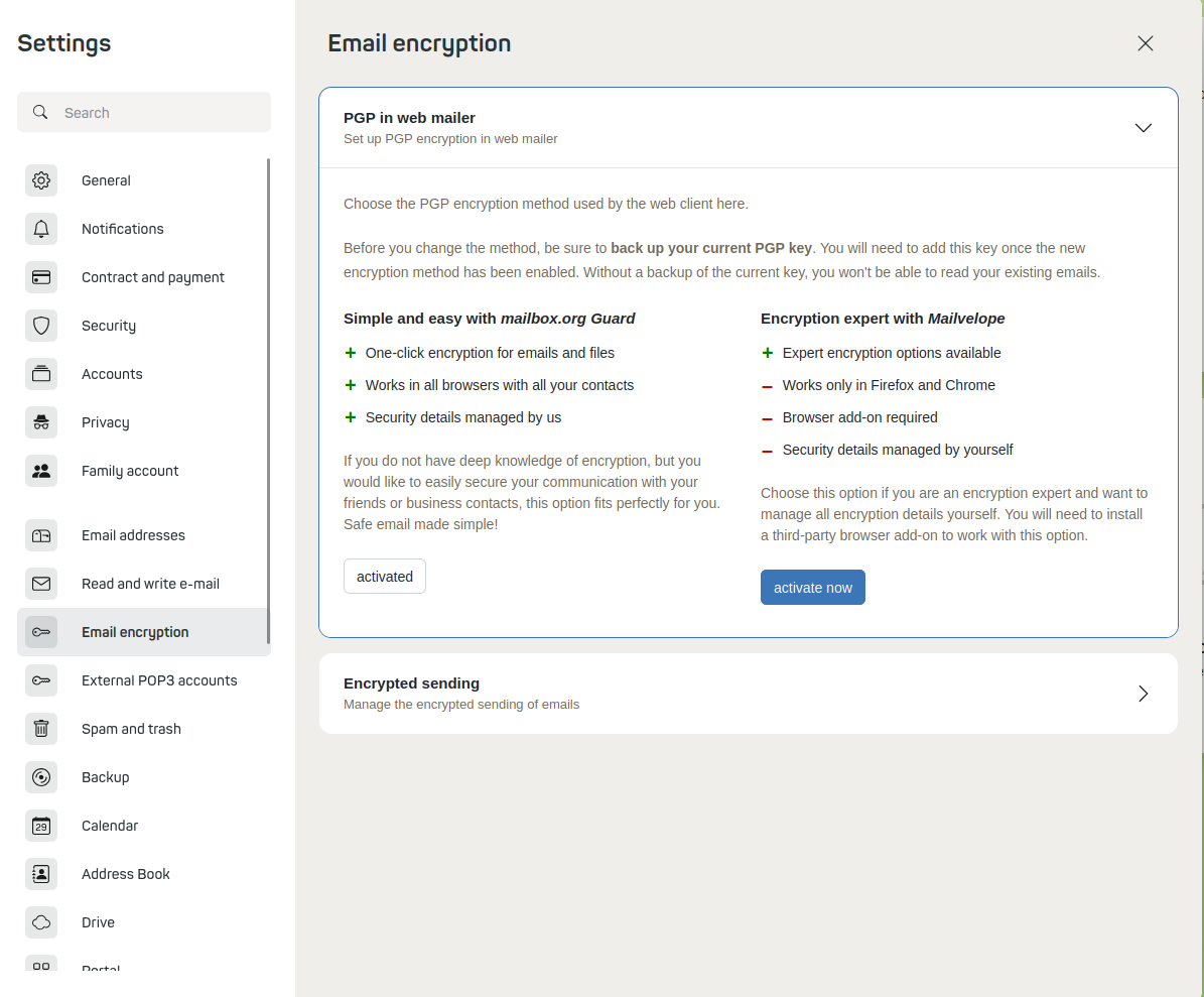 Figure 5: Mail encryption PGP in the webmailer and encrypted sending.