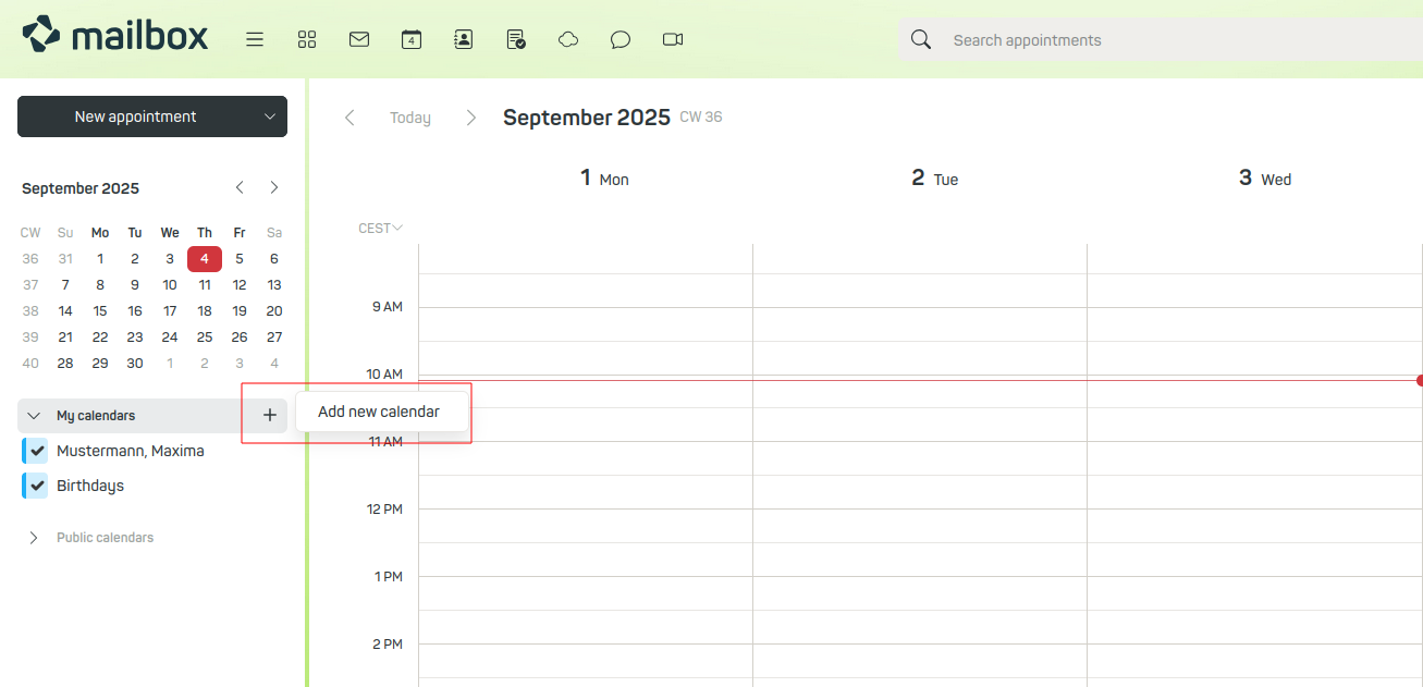 Figure 10: Add a new calender in mailbox.