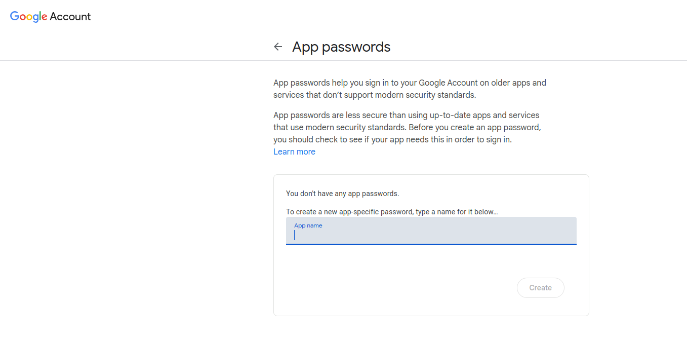 Figure 16: Set an application password for Gmail, when 2FA is active.