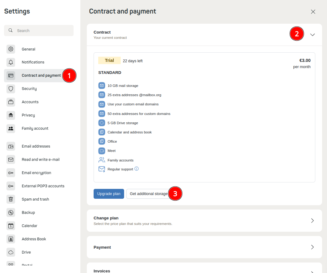 Figure 1: Under the heading Contract and payment, you can quickly and easily change your email and cloud storage settings.