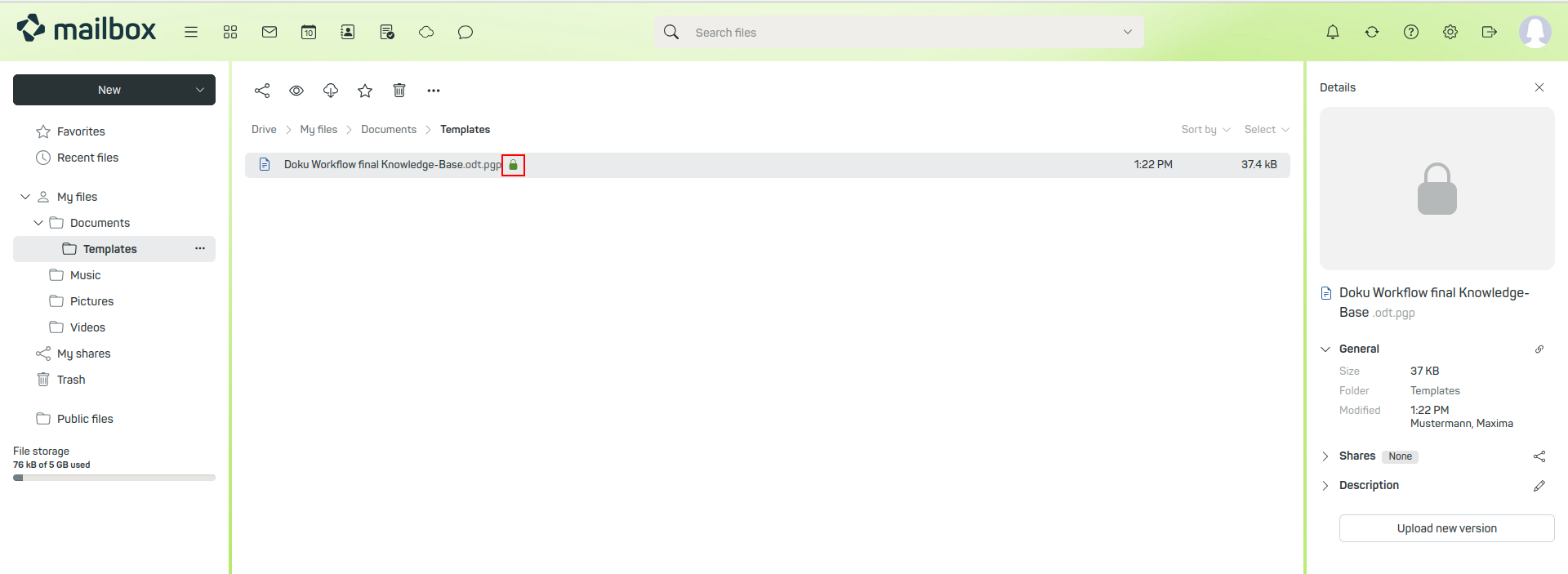 Figure 2: An encrypted file in the detailed view. On the left side of the list, the lock icon indicates that encryption was successful.