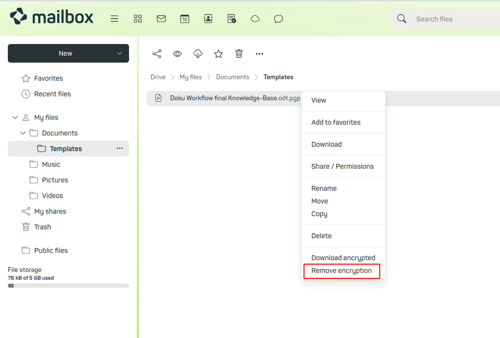 Figure 4: You can remove the encryption of a file by selecting Remove encryption from the drop-down menu..