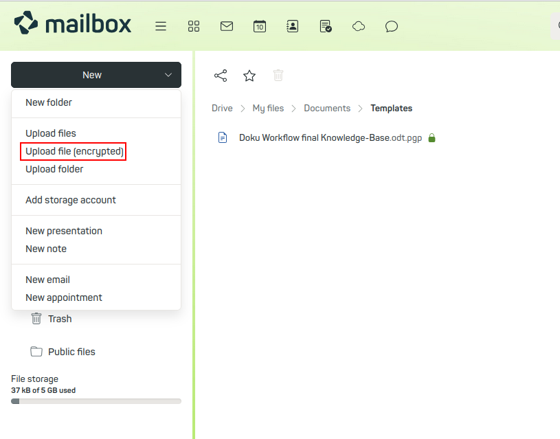 Figure 1: Files can be stored directly in encrypted form in the mailbox Drive.