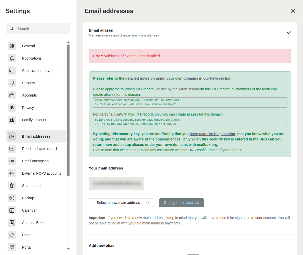 Figure 3: Validating an external Alias with family accounts.