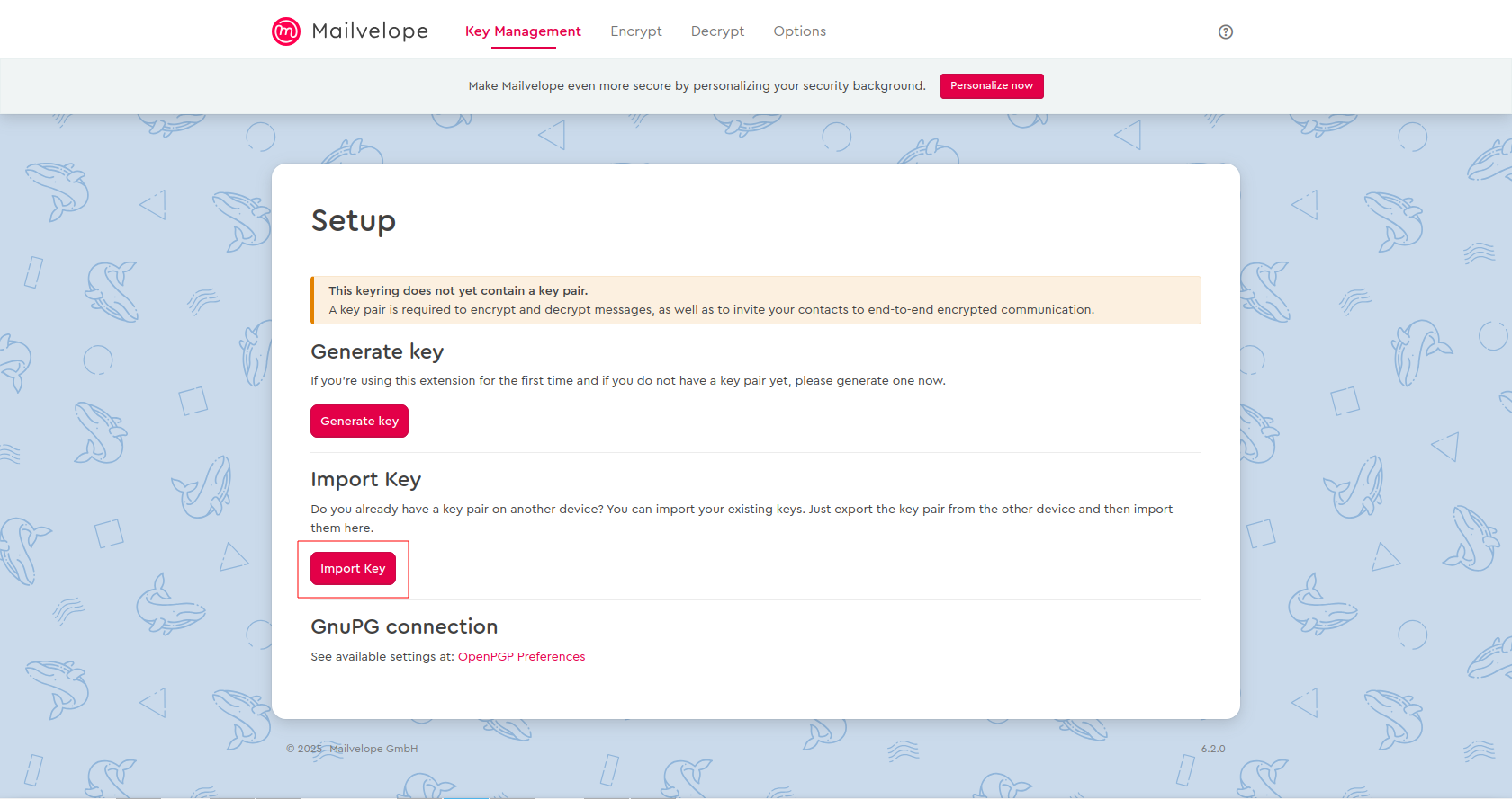 Figure 6: Provide a key for Mailvelope.