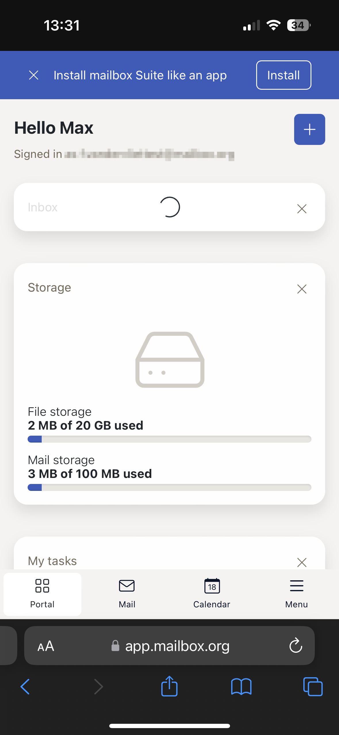 Figure 1: Usually, mailbox will show you the installation steps directly once you have logged in via your browser.