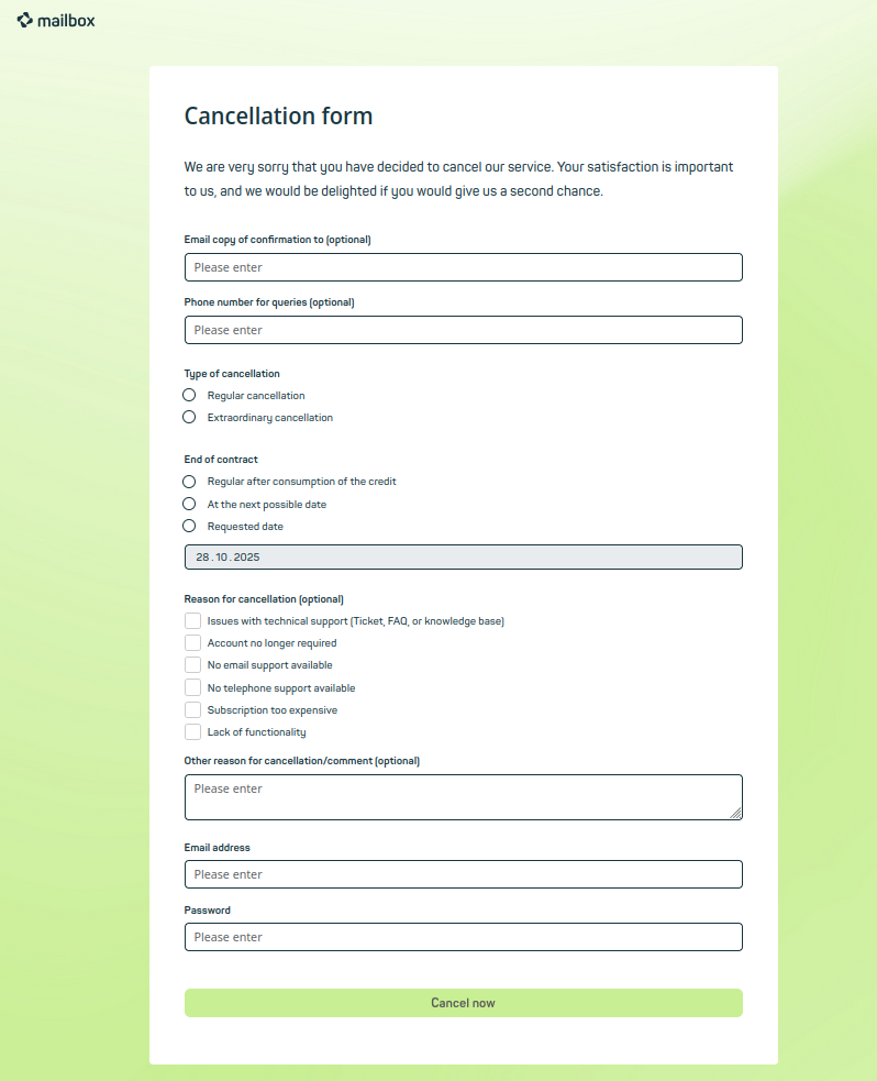 Figure 2: Fill out the cancellation form and confirm your entries.