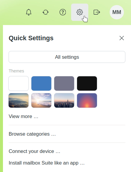 Settings in the mailbox Suite You can find the settings for the mailbox Suite in the top right-hand corner, under the gear icon.